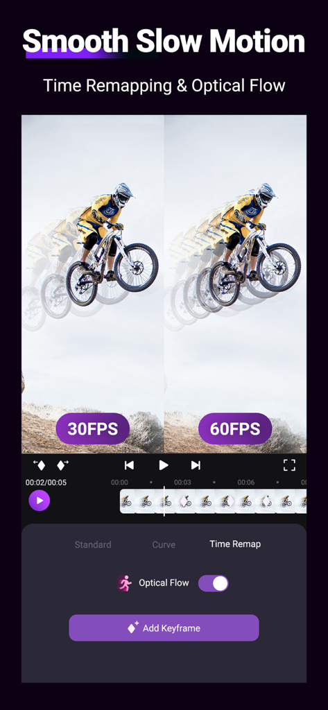 Interface of Motion Ninja app showing time remapping and optical flow features for smooth slow motion video editing