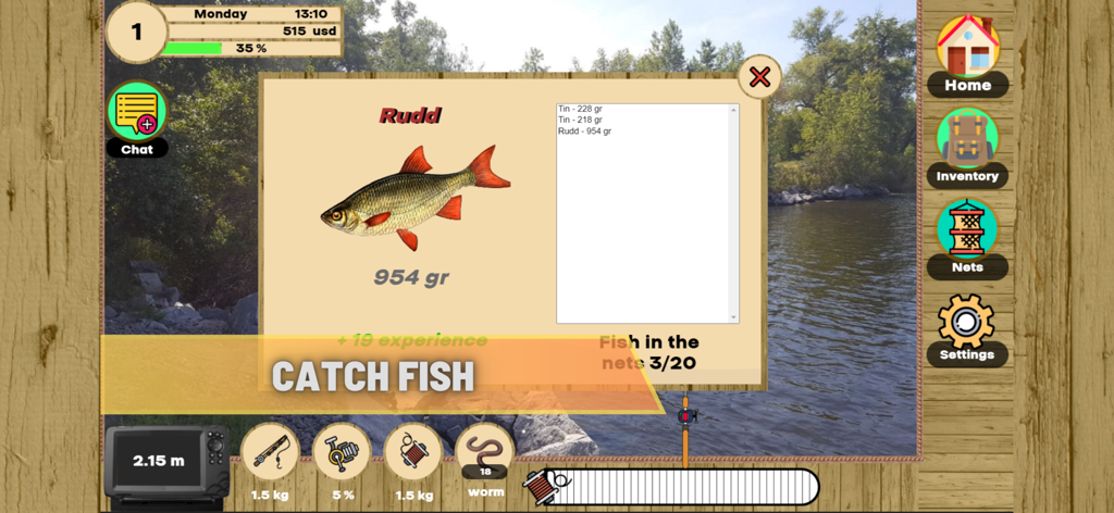 Real Fishing Simulator - Real Fishing Simulator gameplay showing a caught Rudd fish with weight and rewards.
