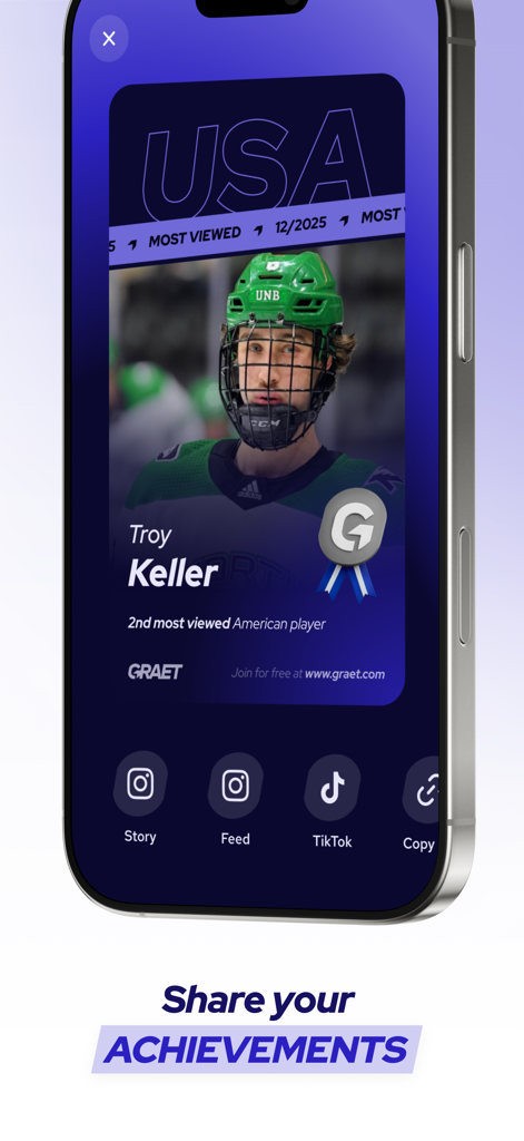 GRAET - GRAET app interface displaying a hockey player achievement card with social media sharing options.