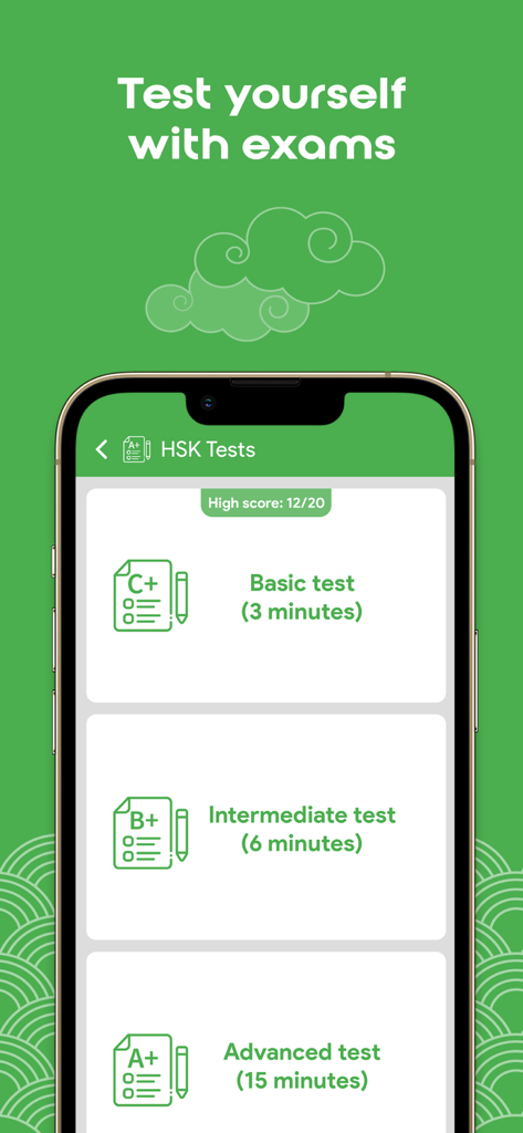 Una pantalla de aplicación móvil titulada 'Ponte a prueba con exámenes' que muestra opciones para pruebas HSK básicas, intermedias y avanzadas.