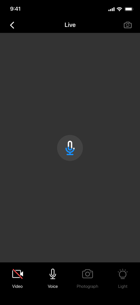 Mobile interface of Newline Cast plus app showing live voice transmission controls and recording options