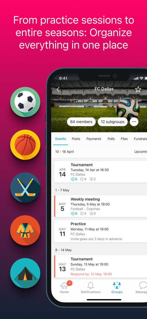 Spond - Spond app interface displaying a sports team schedule with practice and tournament events