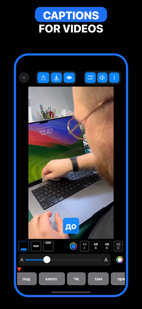 Captions For Video - Subtitles - Interfaz de aplicación móvil que muestra herramientas para editar subtítulos generados por IA y subtítulos de vídeo