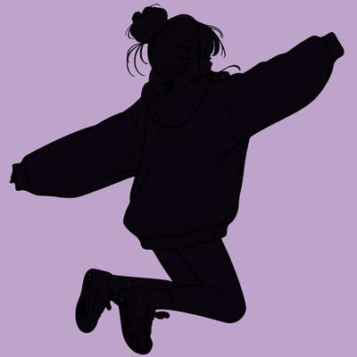 realistic girl jumping with a bun and oversized sweatshirt