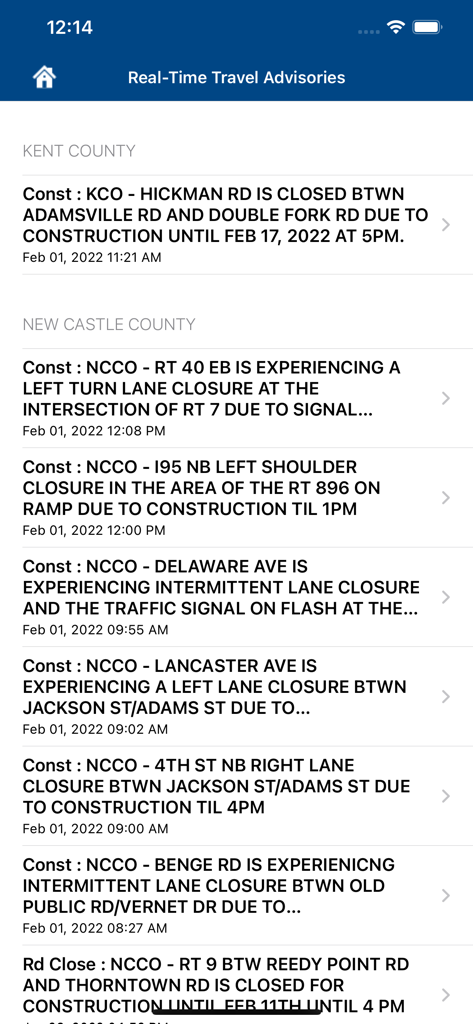 Screenshot of the DelDOT app showing a list of real-time travel advisories and construction alerts for Kent and New Castle counties.