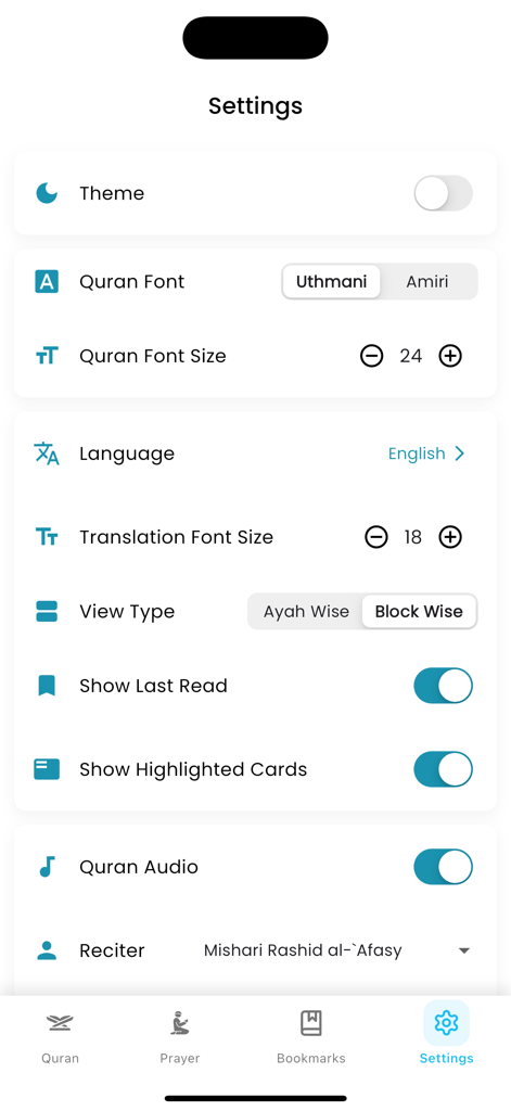 Settings screen of the Thafheem ul Quran app showing customization options for font size, theme, and audio preferences.