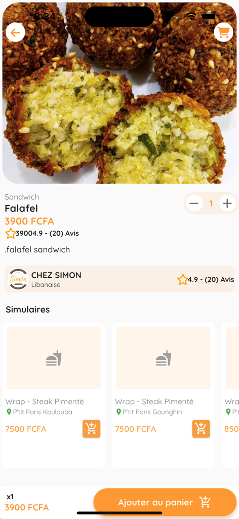 Schermata dell'app mobile che mostra una pagina prodotto di sandwich falafel con prezzo, recensioni e pulsante aggiungi al carrello.