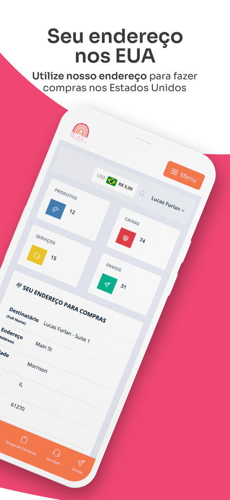 Tela do aplicativo Yeda exibindo um endereço de envio nos EUA para redirecionamento de pacotes