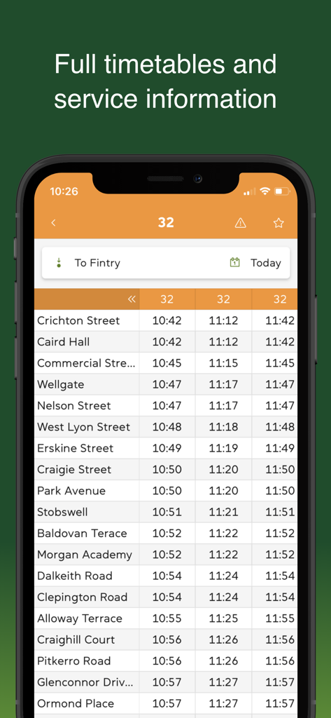 Xplore Dundee - Xplore Dundee app screen showing a detailed bus timetable for route 32.