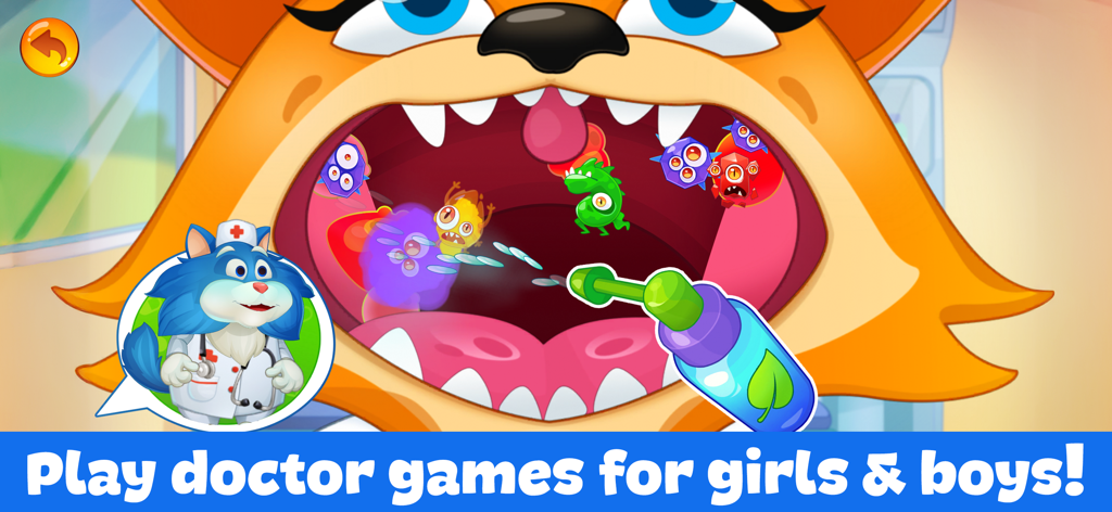 Escena de un juego de doctor para niños que muestra un spray médico utilizándose para limpiar gérmenes dentro de la boca de un personaje