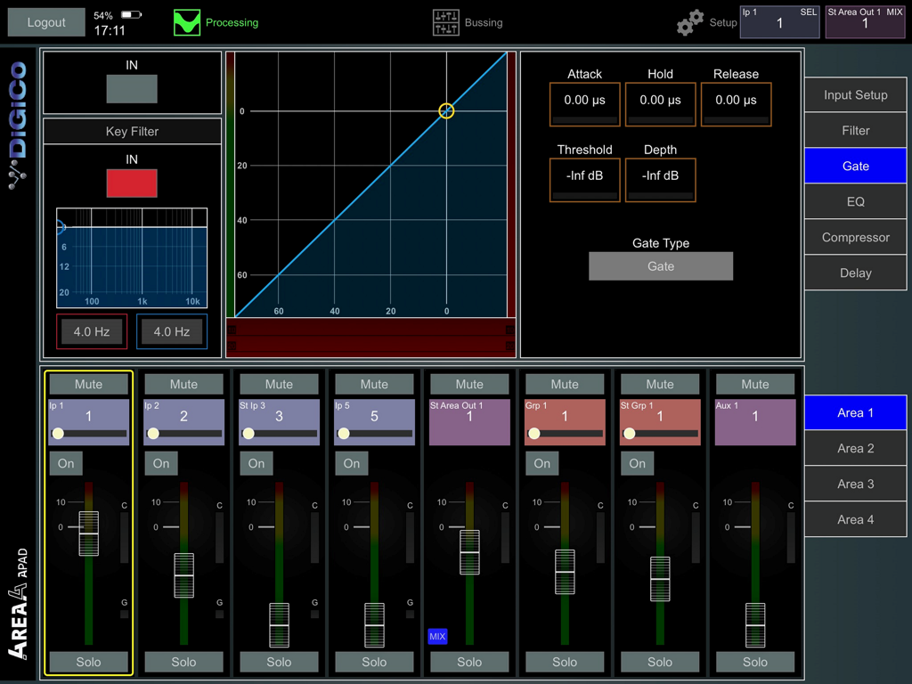 Professional audio mixing interface showing gate settings and channel faders in the DiGiCo 4REA4 APAD app