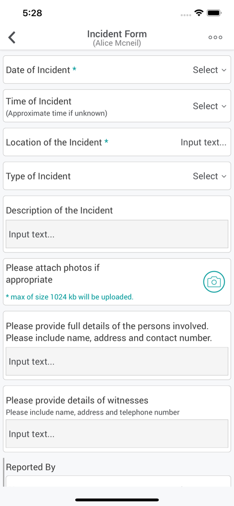 Access Care Planning - Digital incident report form interface in the Access Care Planning mobile app for home care providers.