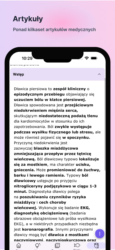 Egzamin LEK - Articolo medico dettagliato sull'angina pectoris all'interno dell'app mobile Egzamin LEK.