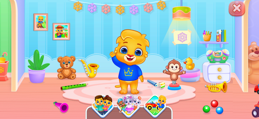 Puzzle Games For Kids 3+ Years - Lucas the lion character in a colorful playroom with toys