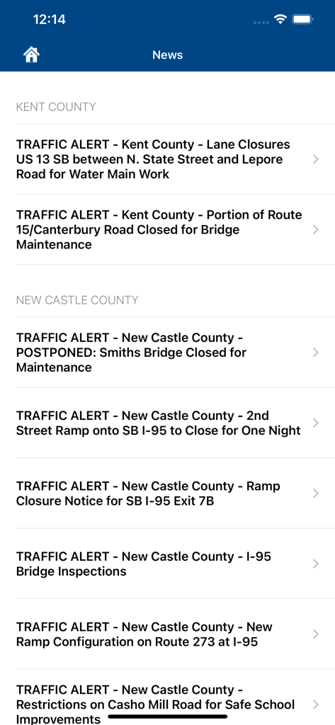 Screenshot of the DelDOT app news section showing official traffic alerts and road closures for Kent and New Castle counties
