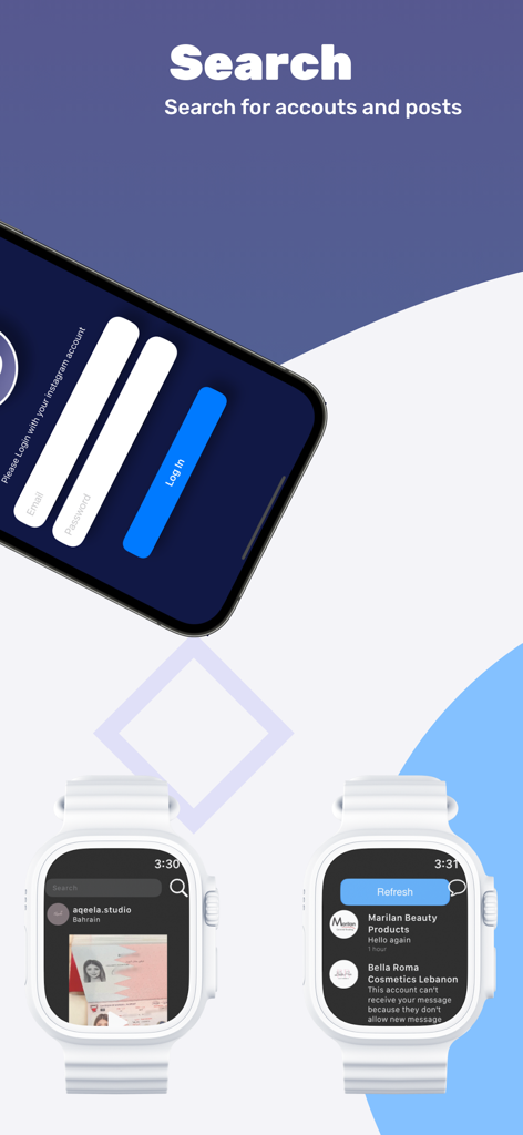 Pix For Watch - Interfaccia dell'app Pix For Watch che mostra la ricerca di Instagram e il feed dell'account su Apple Watch.