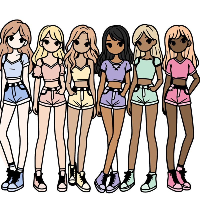 a group of girls wearing crop tops and shorts