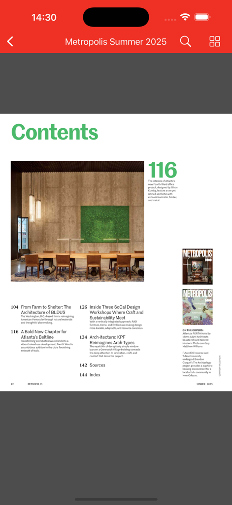 Metropolis Mag - Table of contents for the Summer 2025 issue of Metropolis Mag showing design and architecture articles.