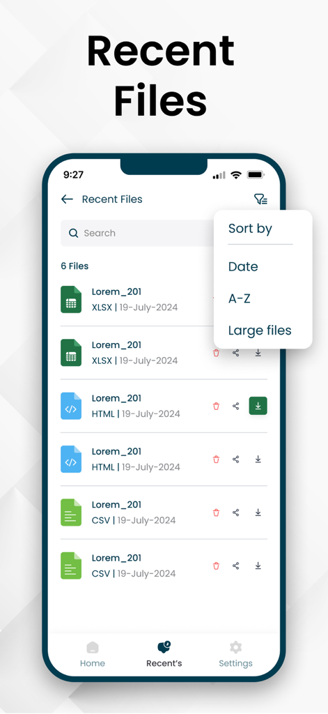 並べ替えオプションが表示された、最近変換されたExcel CSV HTMLファイルのリストを示すモバイルアプリ画面