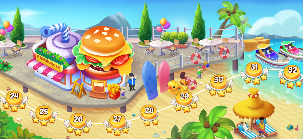 Chef Adventure: Cooking Games - Level selection map in Chef Adventure game featuring a giant hamburger restaurant on a tropical beach