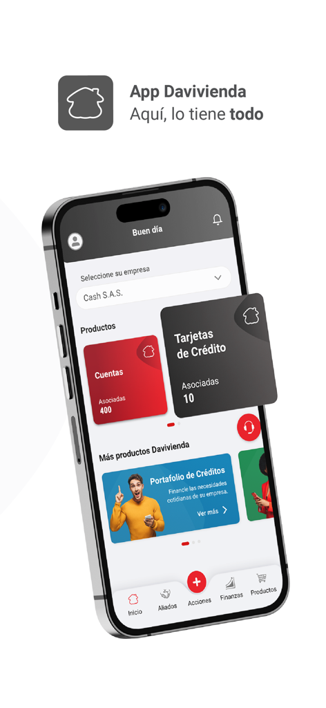 Interfaccia mobile dell'app Davivienda Movil Empresas che mostra un riepilogo dei prodotti e conti aziendali su un iPhone.