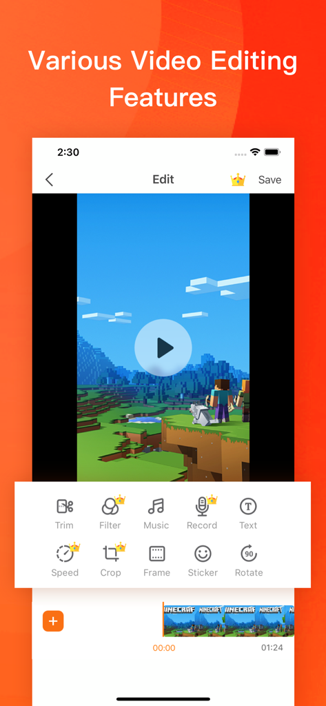 DU Recorder mobile app interface showing various video editing tools and a Minecraft gameplay video preview