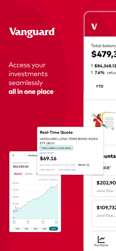 Vanguard: Save, Invest, Retire - The Vanguard mobile app interface showing investment portfolio balance and long term performance charts