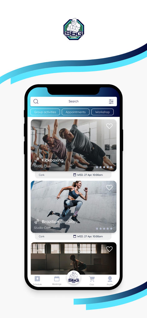 SBG Cork - Interfaz de la aplicación móvil SBG Cork mostrando horarios de clases de Kickboxing y Jiu Jitsu Brasileño.
