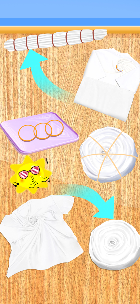 Tie Dye Simulator - Gráfico que muestra el proceso de doblar y atar ropa blanca con gomas elásticas para teñir en un fondo de madera.