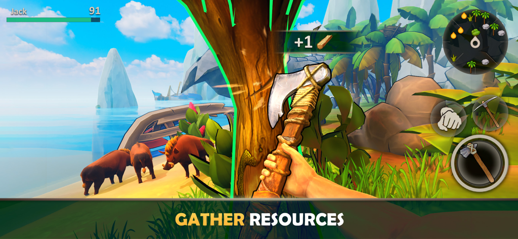 Survival Island: EVO 2 Game - Jugador recolectando recursos de madera con un hacha en el juego Survival Island EVO 2