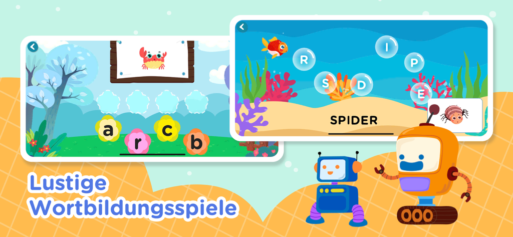 Interfaz de una aplicación educativa bilingüe que muestra juegos de construcción de palabras y ortografía para niños con temas coloridos submarinos y de jardín