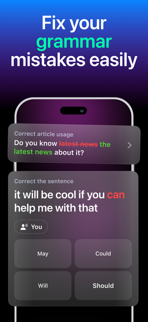 Fluently - AI English Tutor - リアルタイムの文法訂正と文章構造の提案を示すAI英語チューターアプリのインターフェース