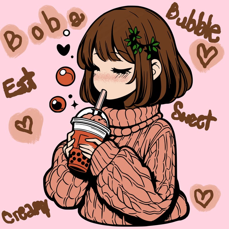 manga girl drinking boba in cozy sweater