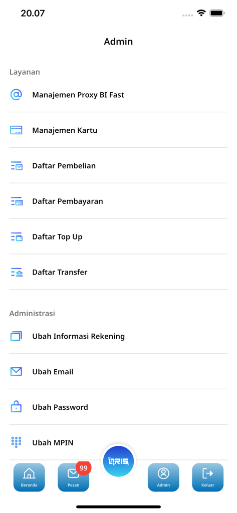 INDEXQU - Das Admin-Dashboard der INDEXQU Mobile Banking App mit Anzeige von Dienstleistungsmanagement und Kontoverwaltung.