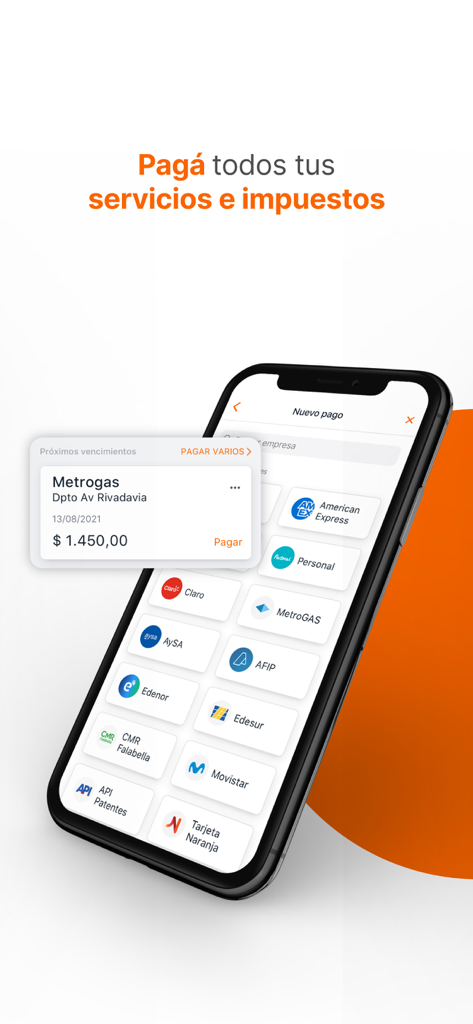 Galicia - El banco en tu celu - Interfaz de la app móvil del banco Galicia que muestra opciones para pagar diversos servicios e impuestos como Metrogas y AFIP