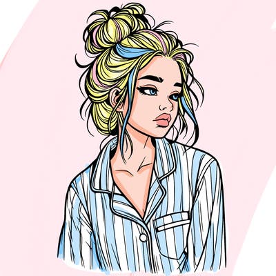 realistic woman with pajamas on and a messy bun