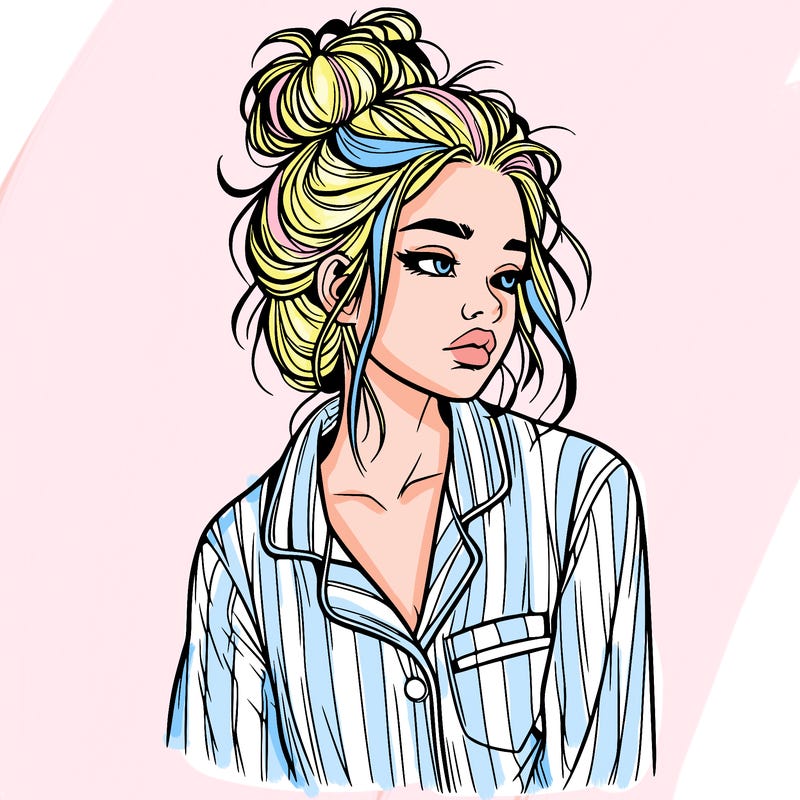 realistic woman with pajamas on and a messy bun