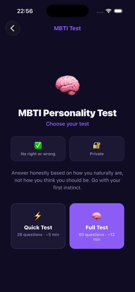 VerType: Personality Types - Selection screen for Quick or Full MBTI personality tests in the VerType app