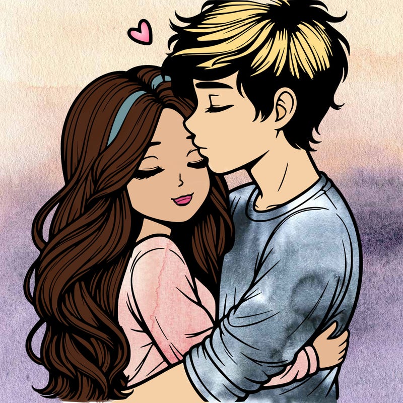 a realistic couple boy and girl hugging and kissing