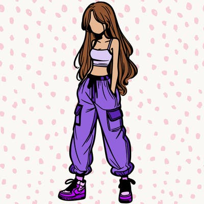 girl in baggy pants crop top and long hair
