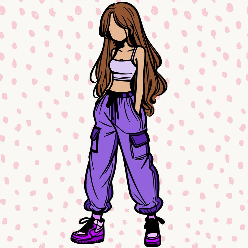 girl in baggy pants crop top and long hair