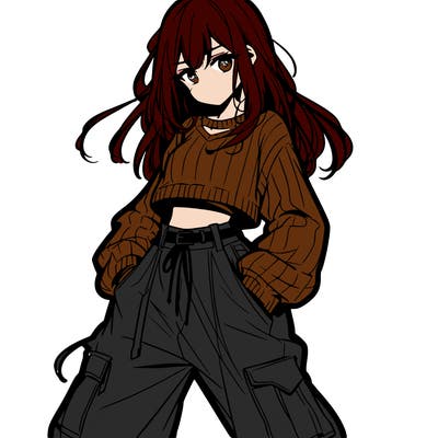 anime teen girl with baggy pants and crop top with sweater