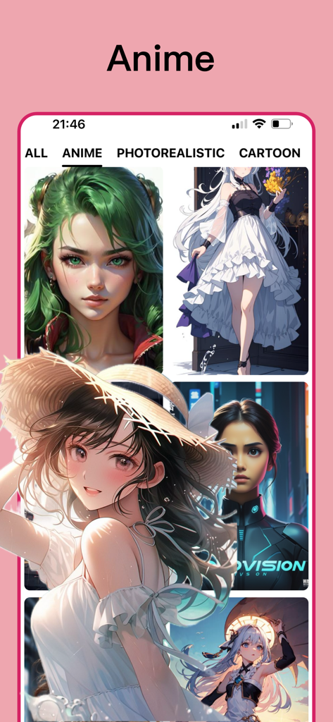 Aplicativo AIArt exibindo uma variedade de imagens geradas em estilo anime