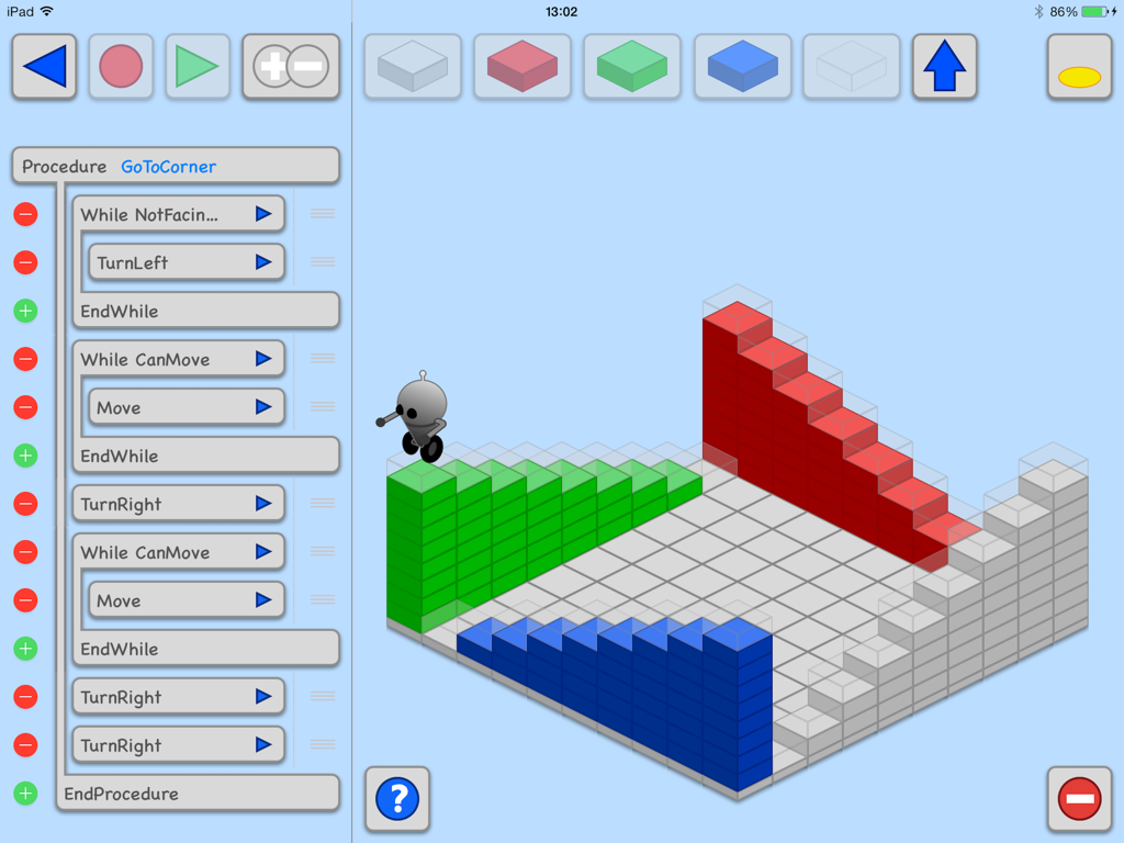 Interfaz de codificación educativa para niños que muestra comandos de programación y un pequeño robot en un mundo 3D de bloques