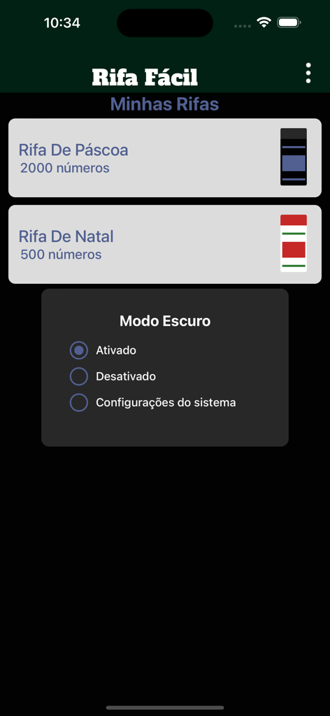 Rifa Fácil - Rifa Facil app interface displaying the list of active raffles and the dark mode settings menu.