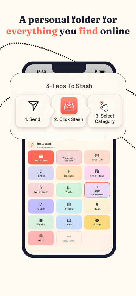 Stash Anything: Save & Sort - A screenshot showing the 3-tap process to save online content into organized categories like recipes, fitness, and wishlist in the Stash Anything app.