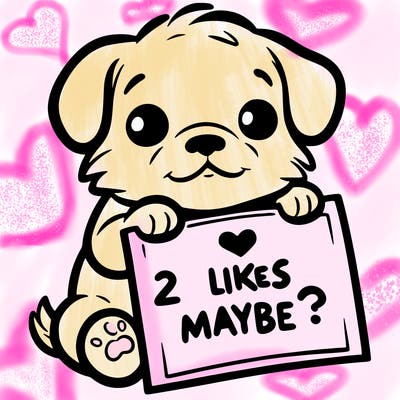 a puppy holding a sign that says 2 likes maybe?