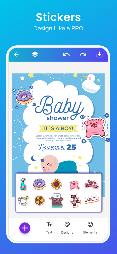 Interface de design de folheto para chá de bebê no aplicativo Criador de Cartazes, apresentando vários adesivos criativos