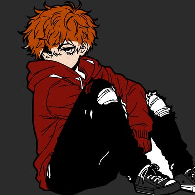 a male hoddie ripped jeans messy hair anime