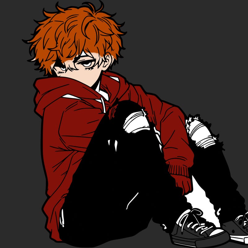 a male hoddie ripped jeans messy hair anime